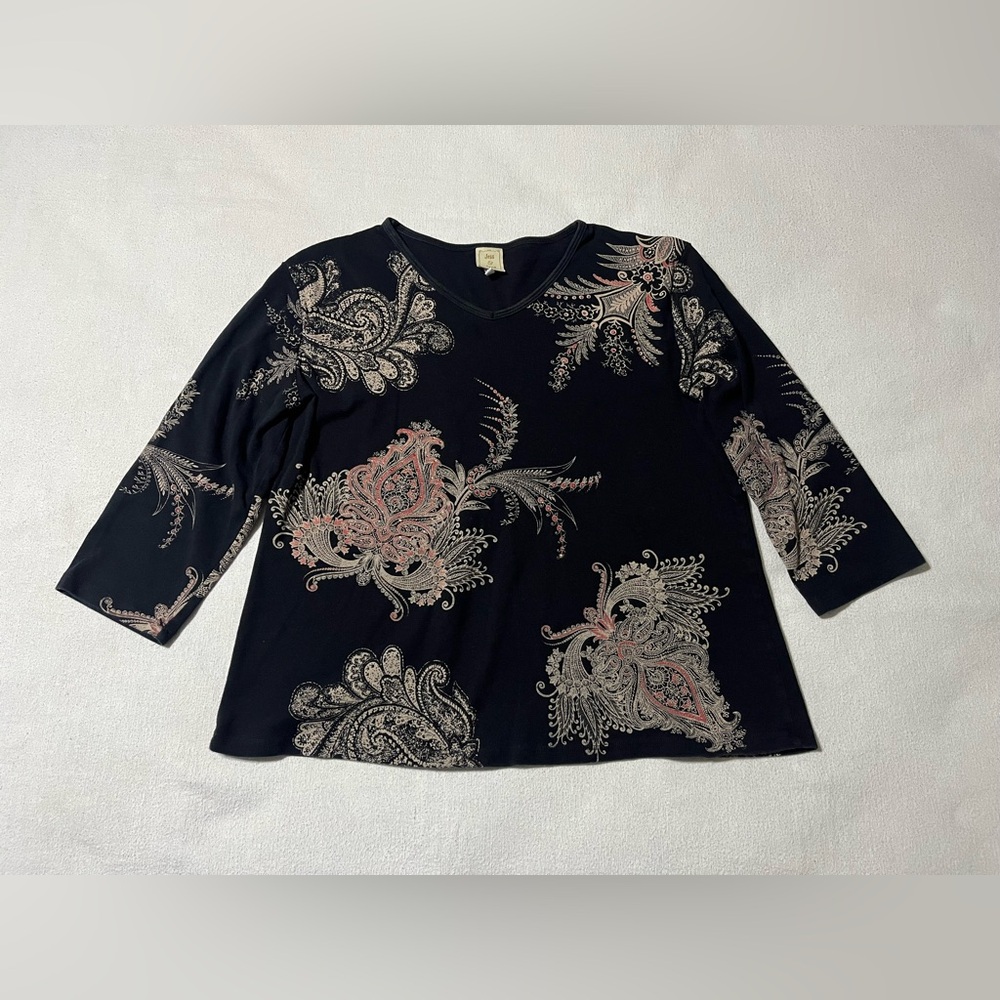 Jess & Jane Women's XL 22x22‎ Inches Blouse Top Black Floral Embellished Stones
